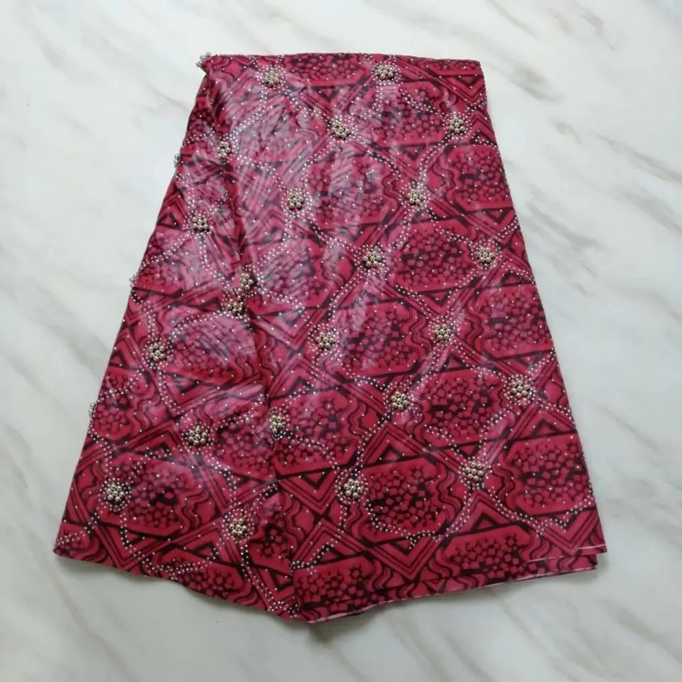 5 ярдов/шт новая мода фуксия кружевная ткань с бусинами и стразами Африканское
