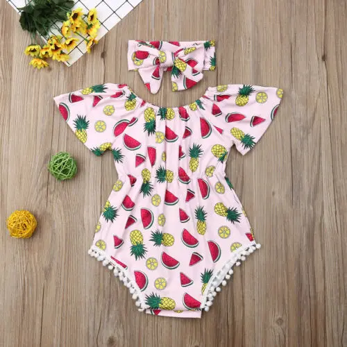 Комбинезон для новорожденных девочек + повязка на голову летняя одежда с принтом