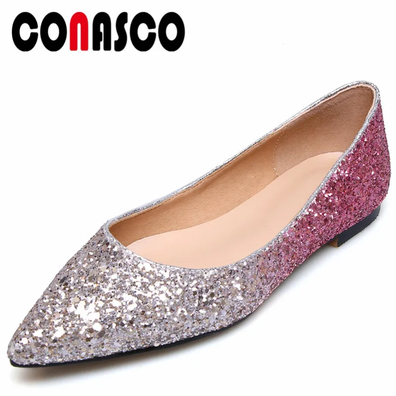 

CONASCO New spring summer Sexy casual Sequined Cloth Women Flats Wedding Party Shoes Pointed Toe Four Season Flats Shoes Woman