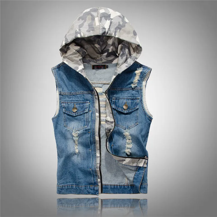 

2021 Mens Slim Hole Hooded Denim Vest Patchwork Camouflage Vest Spring And Autumn Male Jeans Sleeveless Jacket Waistcoat J1305