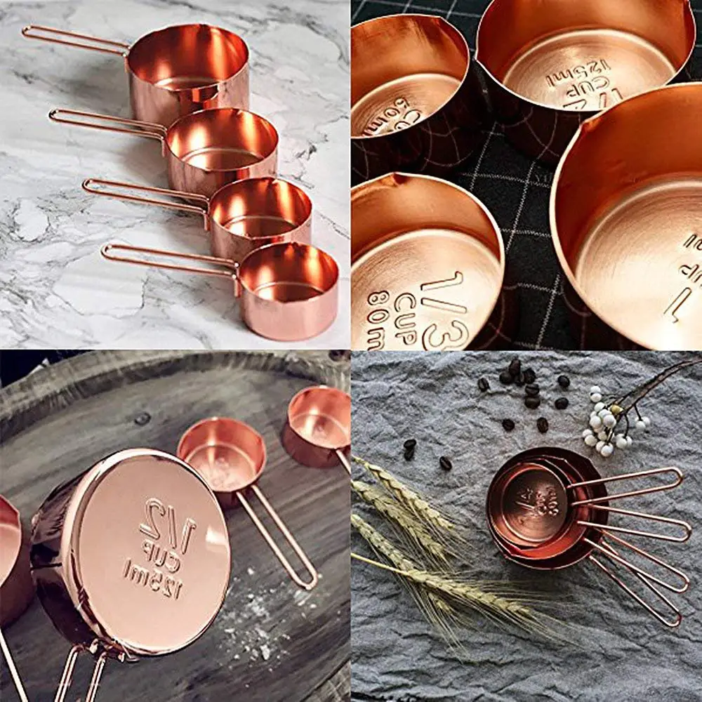 Realand Rose Gold 8pcs/set Copper Stainless Steel Measuring Cups and Spoons for Liquid and Dry Ingredients Teaspoon&Tablespoon