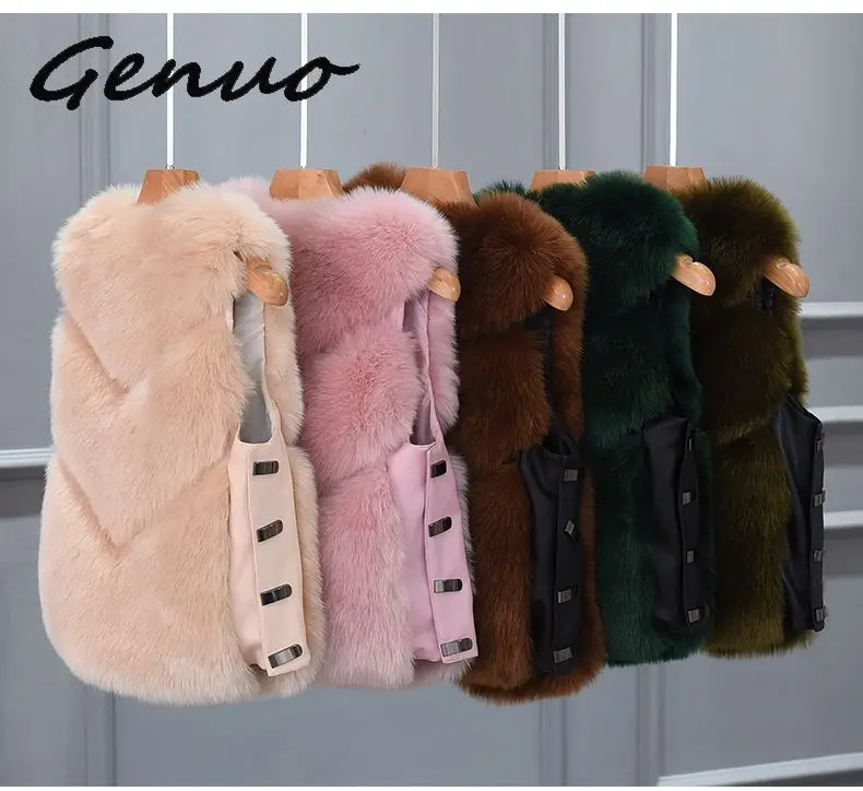 New 2019 Winter Women's Thick Warm Faux Fox Fur Vest High Quality Fashion Side buckle O-Neck Short Fur Coat For Women Outwear