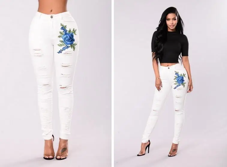 Узкие модные джинсы с вышивкой женские хлопковые дырками уличная одежда для