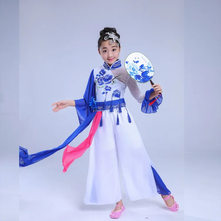 Детские костюмы hanfu Одежда для танцев синий и белый фарфор Yangge Национальный