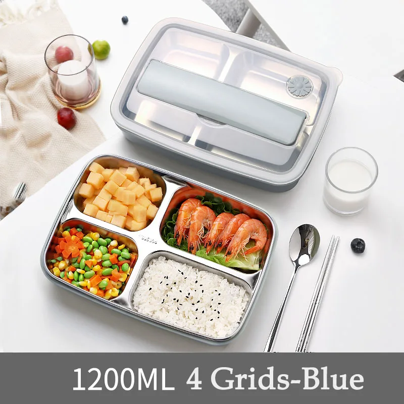 4 Grids-Blue Oneisall Bento Ланч-бокс кухонный пищевой контейнер из нержавеющей стали Пластиковый 1200 мл ланчбокс для детей с подогревом Ланч японский стиль - Цвет: 4 Grids-Blue