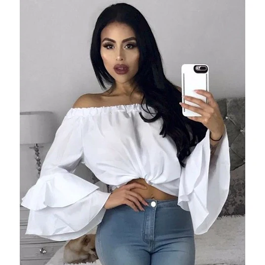 Модная женская летняя Однотонная рубашка-блузка с длинным Расклешенным рукавом