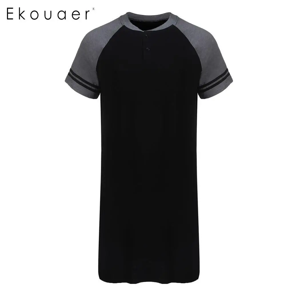 Ekouaer, мужские пижамы, мягкие ночные рубашки, ночная рубашка с коротким рукавом, свободная длинная рубашка для сна, Мужская пижама, домашняя одежда размера плюс - Цвет: Black