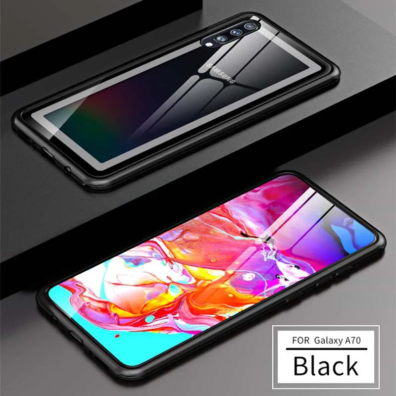 black Роскошный Алюминиевый металлический бронированный чехол для samsung Galaxy A70, чехол с тонкой рамкой, бампер, задняя крышка из прозрачного стекла, чехол для телефона KS0200 - Цвет: black