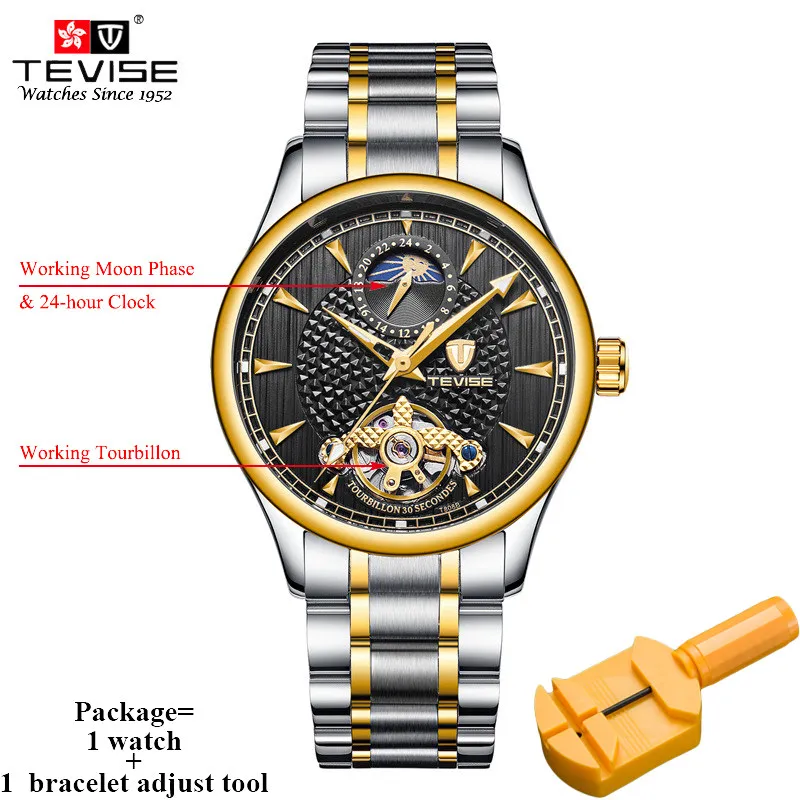 Tevise Топ бренд Moon Phase автоматические механические часы для мужчин s Tourbillon Скелет часы для мужчин нержавеющая сталь 24 часа часы T808B - Цвет: gold black