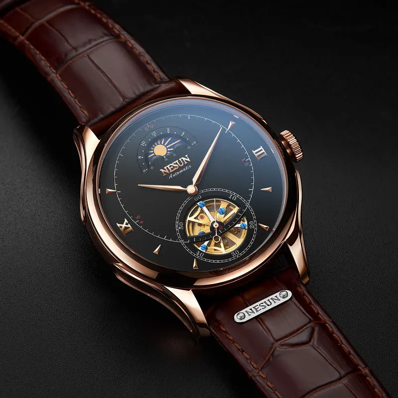 Rose-black Швейцария NESUN Tourbillon механические часы для мужчин люксовый бренд автоматический бизнес Скелет Водонепроницаемый Relogio Masculino M9038-4 - Цвет: Rose-black