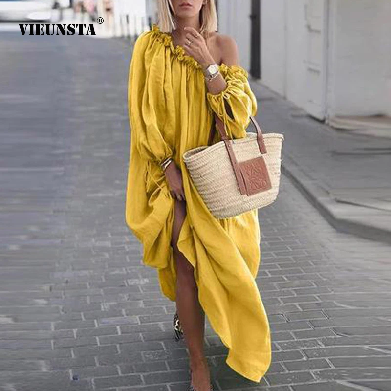 VIEUNSTA Sexy Off Shoulder Ruffles Dress Elegant Women Slash Neck Solid Beach Long Autumn Sleeve Pleated 5XL | Женская одежда