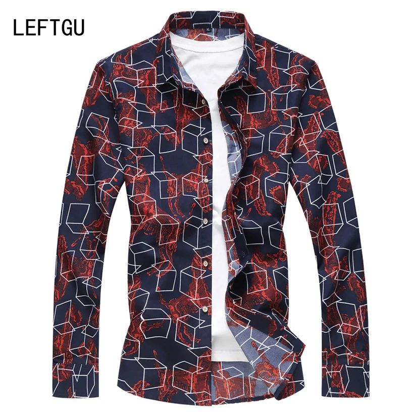 Fashion Men's Printed smart Casual Slim fit Long sleeve geometric animal printes red blue Plus size M~5XL 6XL 7XL Shirt | Мужская