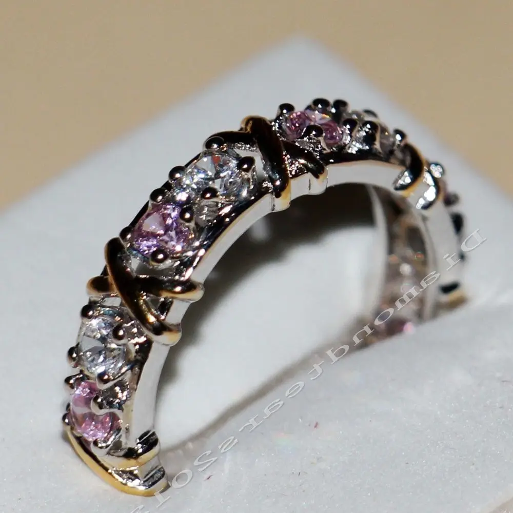

SZ5-11 Handmade Jewelry 925 Sterling Silver Overlay Pink AAA CZ stones Wedding Engagement Cross Band gold Rings for Women gift