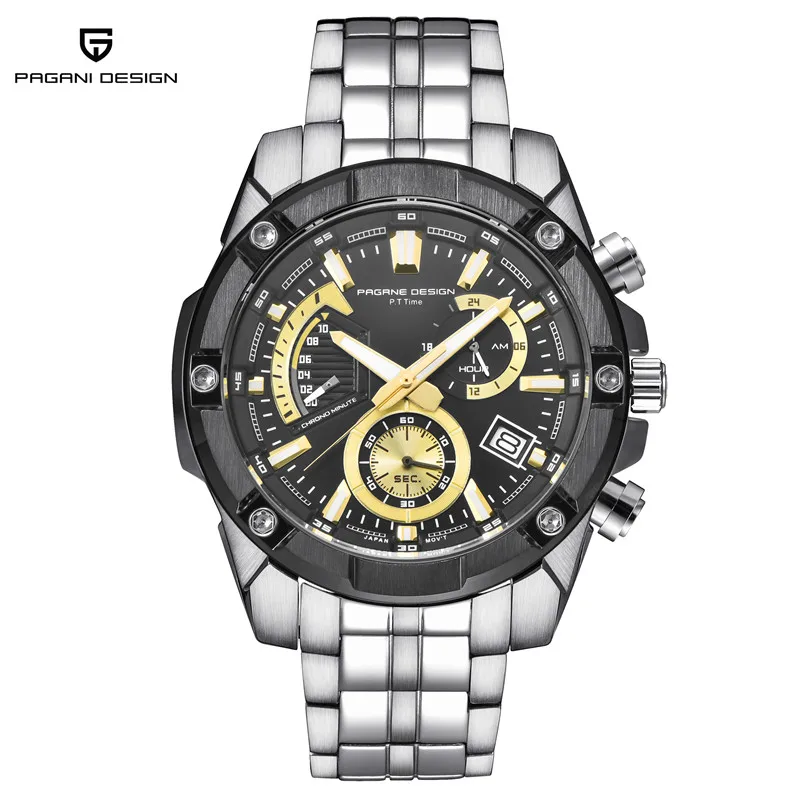 silver black yellow Новые высококачественные роскошные брендовые бизнес-часы с хронографом из стали, мужские водонепроницаемые кварцевые спортивные часы, мужские часы - Цвет: silver black yellow