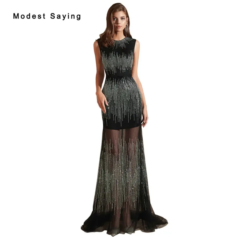 

Sexy Shiny Black Mermaid Beaded Evening Dresses 2019 See Through Skirt Formal Women Party Prom Gowns vestidos de fiesta de noche