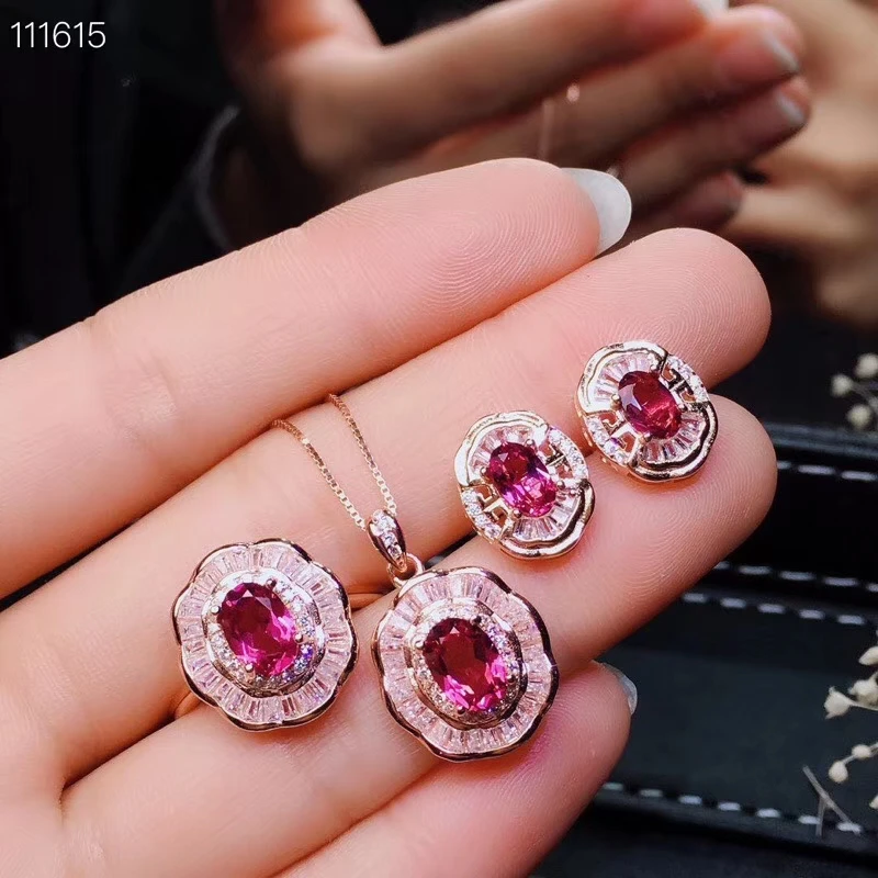 S925 серебро натуральный красный гранат кольцо кулон серьги драгоценный камень