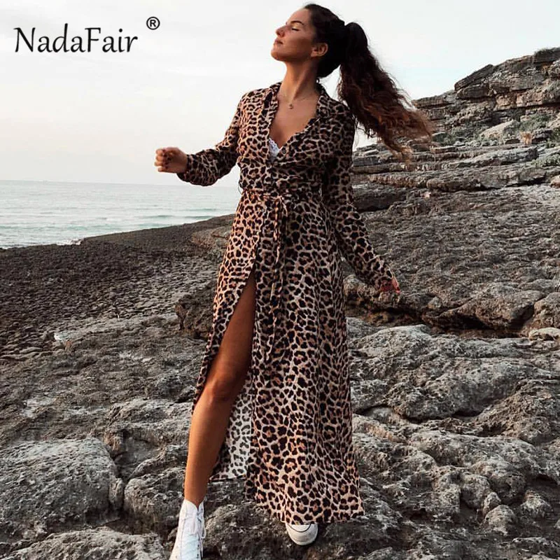 Nadafair/элегантное леопардовое Платье-туника с длинным рукавом и поясом на шнуровке, шифоновая рубашка, винтажные вечерние платья миди с животным принтом