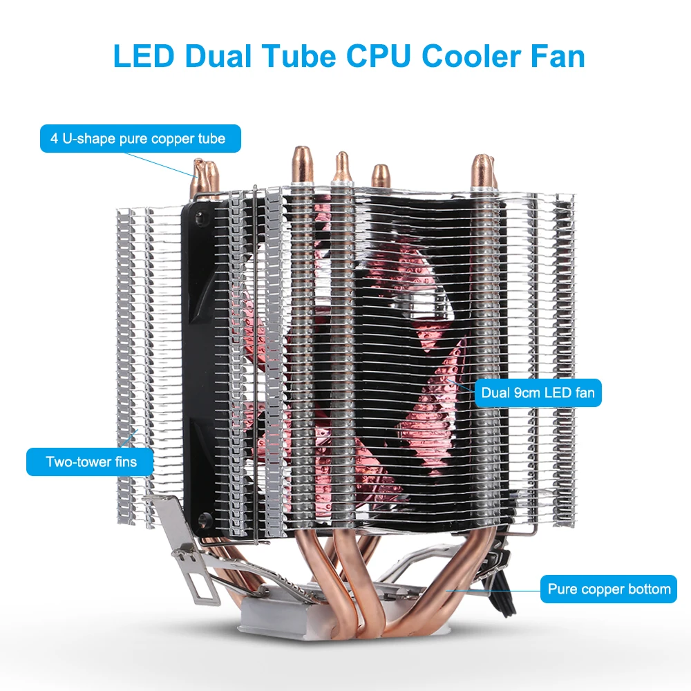 

CPU Cooler Fan Heatsink 4 Heatpipe 2 Fans Quiet Heatsink Radiator Support 775/115x/AMD LED Blue Light