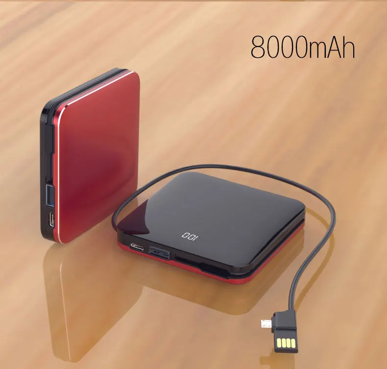Red with Cable D72 портативный мини внешний аккумулятор 8000 мАч с ЖК-зеркальным экраном Ультратонкий Встроенный кабель 3 в 1 Беспроводное зарядное устройство Портативный внешний аккумулятор - Цвет: Red with Cable