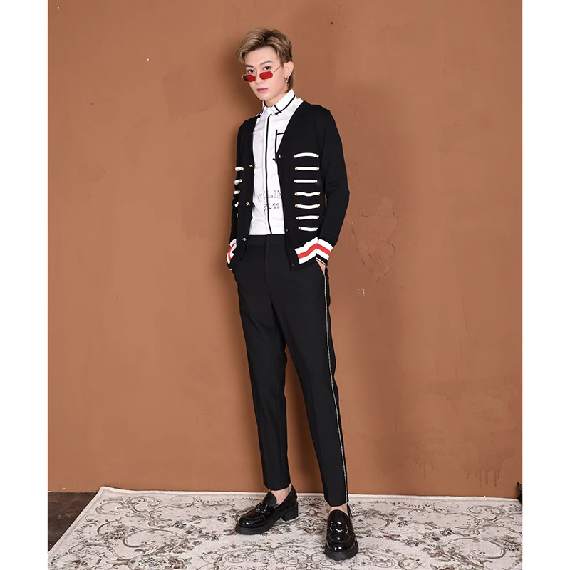 2019 Spring Autumn Unique Elegant Knitwear Sweaters men casual slim V-neck Cardigan for Plus size Stage costumes | Мужская одежда
