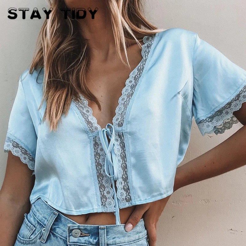 Оставайтесь аккуратные кружевные лоскутные свободные укороченные топы 2019