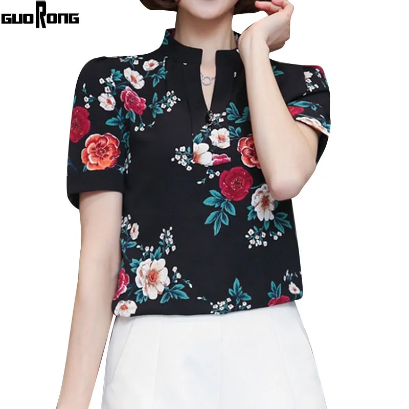Guorong Офисные женские туфли с коротким рукавом Шифоновая блузка отложным