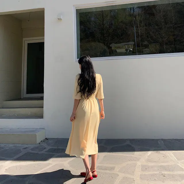 GRUIICEEN elastic waist V-neck women summer dress single breasted solid color ladies dresses 2019 new arrival GY2018712 | Женская одежда