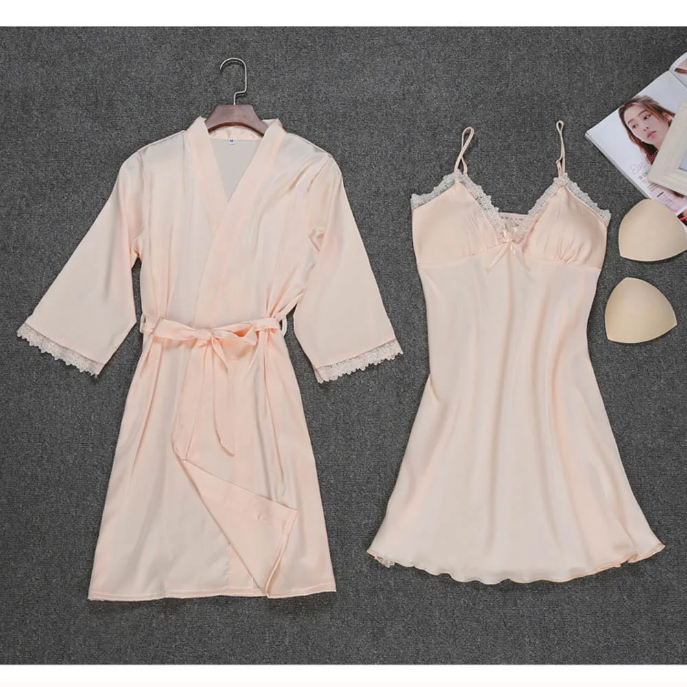 Champagne New Women Ladies Sexy Silk Satin Dress Bathrobe Nightgown Sets Lace Kimono Pajamas Lingerie Sleepwear chemise de nuit femme - Цвет: Champagne