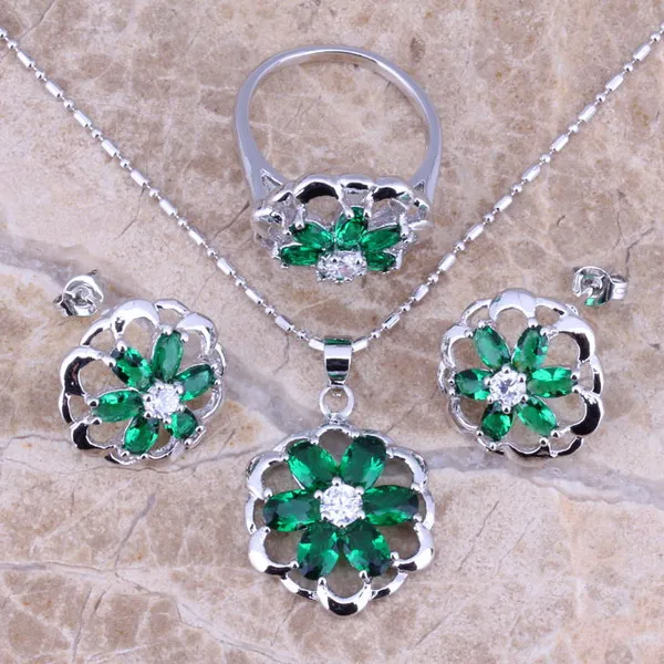 Невероятный зеленый кубический цирконий Посеребренные Ювелирные наборы серьги
