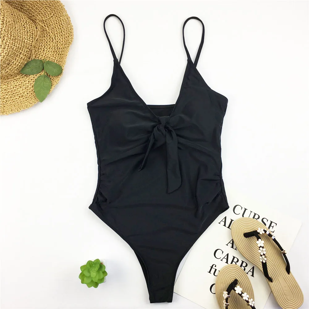 Цельный купальный костюм с бантом Одноцветный купальник женская одежда монокини