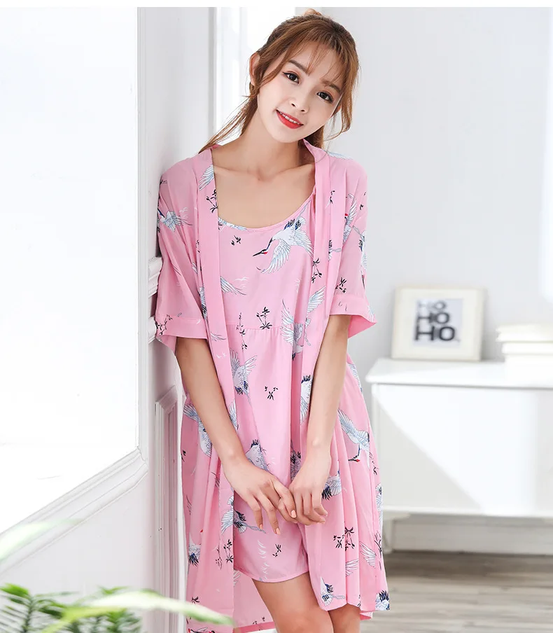 Women's pajamas autumn pure cotton long-sleeved summer sweet sexy suspenders nightgown three-piece suit home clothes flower