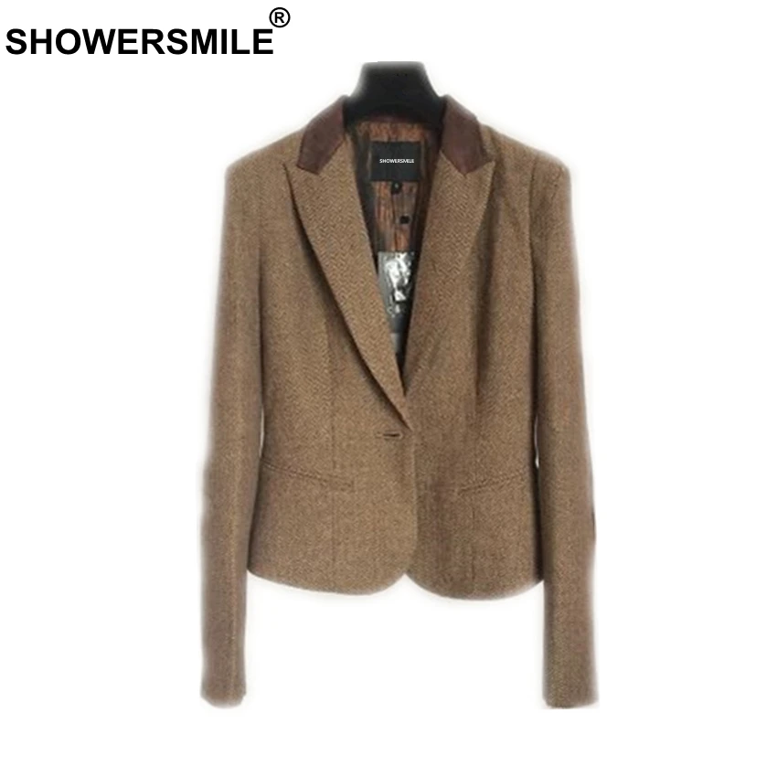 coffee SHOWERSMILE, женские блейзеры, британский стиль, женская твидовая куртка с узором в елочку, шерстяная, винтажная, кофейная, весенняя, женские блейзеры и куртки - Цвет: coffee