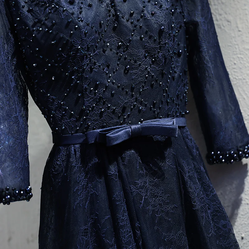 Темно-синие vestido de festa винтажные кружевные африканские платья для выпускного вечера трапециевидной формы с глубоким вырезом и рукавами 3/4, вечерние платья Реальные фотографии