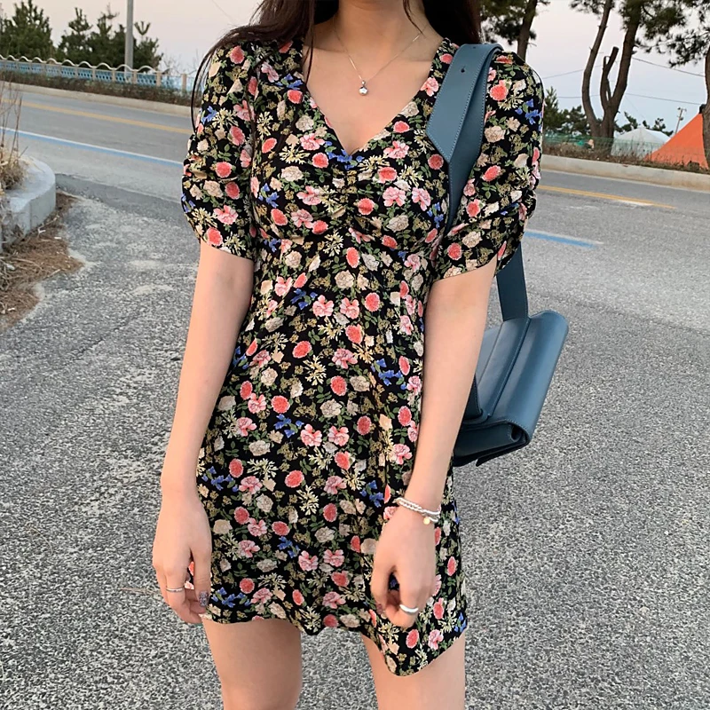 Для женщин платья для Ins девушка Kawaii Ulzzang винтажный буф рукавом платье с цветочным