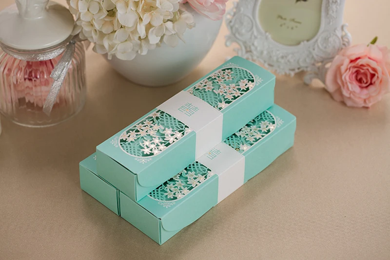 50 шт. Tiffany Blue, Свиток, лазерная резка, упакованная коробка для свадебных приглашений с узлом-бабочкой, для печати, свадебные украшения, принадлежности