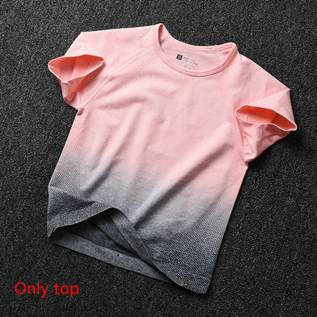 Gark Gray Pink Top Женский комплект для йоги, одежда для спортзала, топ с коротким рукавом+ Бесшовные Леггинсы с эффектом омбре, спортивный костюм для тренировок, спортивная одежда для фитнеса, одежда для активного отдыха - Цвет: Gark Gray Pink Top