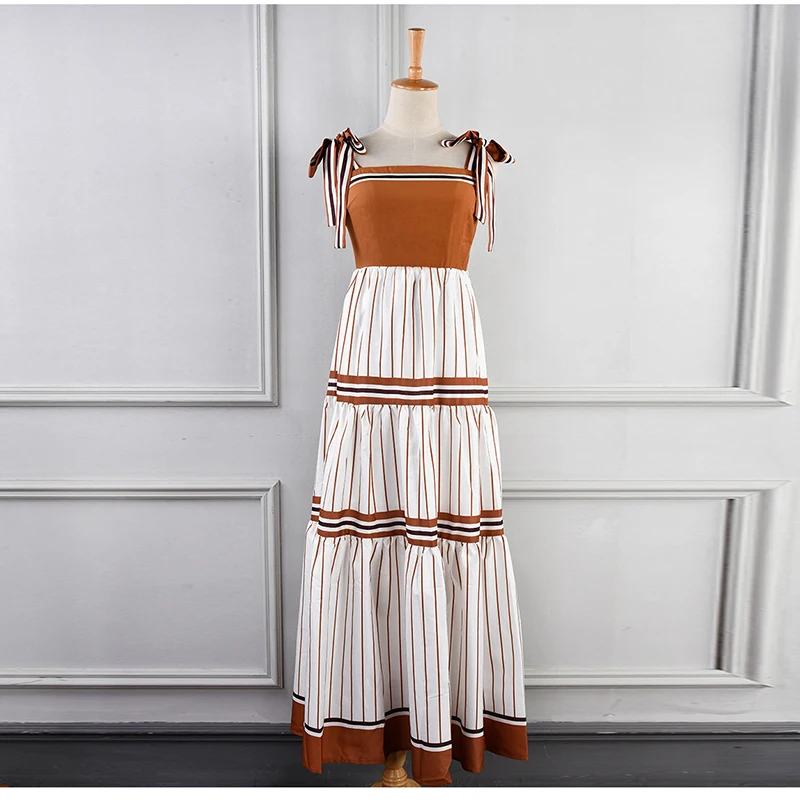 TOP QUALITY Paris Fashion 2020 Runway Designer Dress Women's Spaghetti Strap Striped Mid-calf | Женская одежда