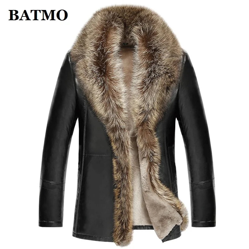 Тренчкот BATMO мужской из натуральной кожи пальто с воротником меха енота