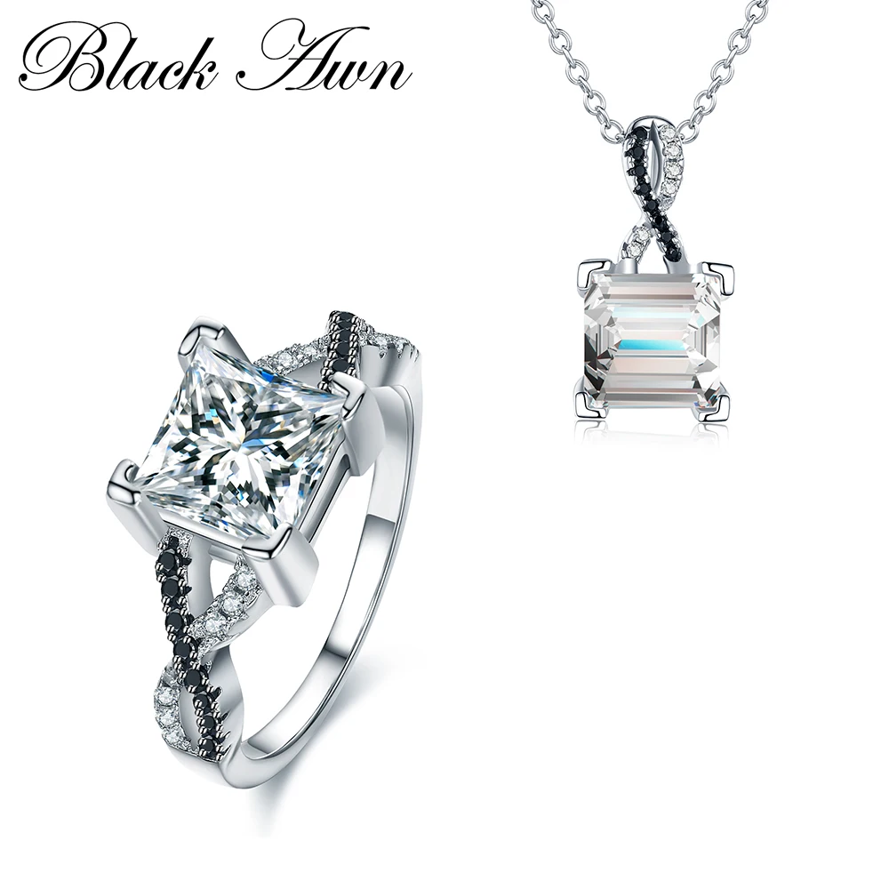 

[BLACK AWN] 925 Sterling Silver Fine Jewelry Sets Trendy Engagement Jewelry Sets Ring+Necklace for Women PR026