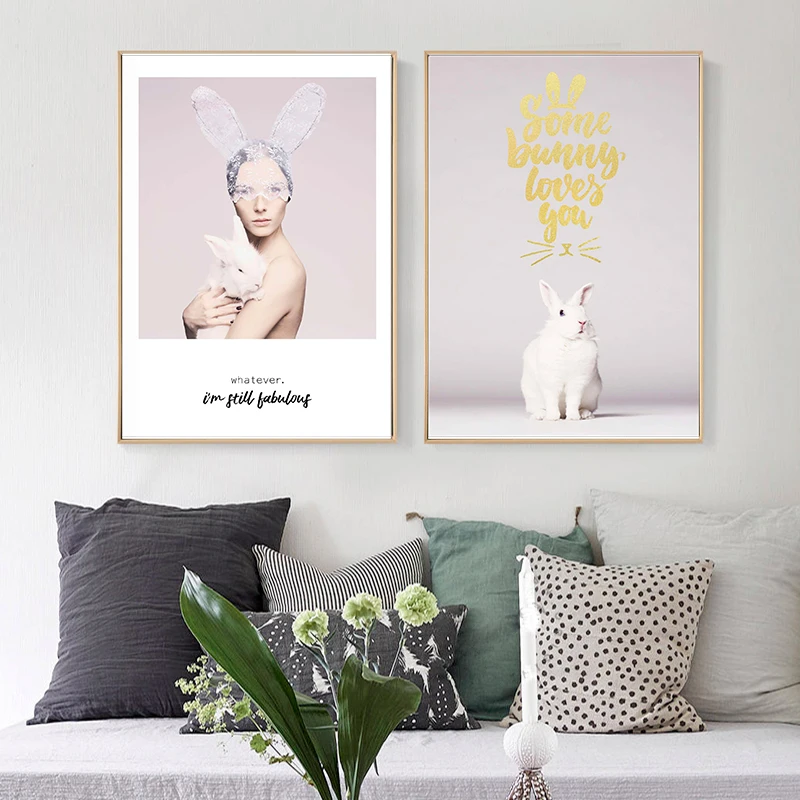Скандинавский сладкий кролик розовая девушка мечта холст винтажные крафтовые