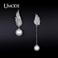 umode asymmetric angel wings drop earrings long created pearl earrings for women zirconia angel wing jewelry ue0221