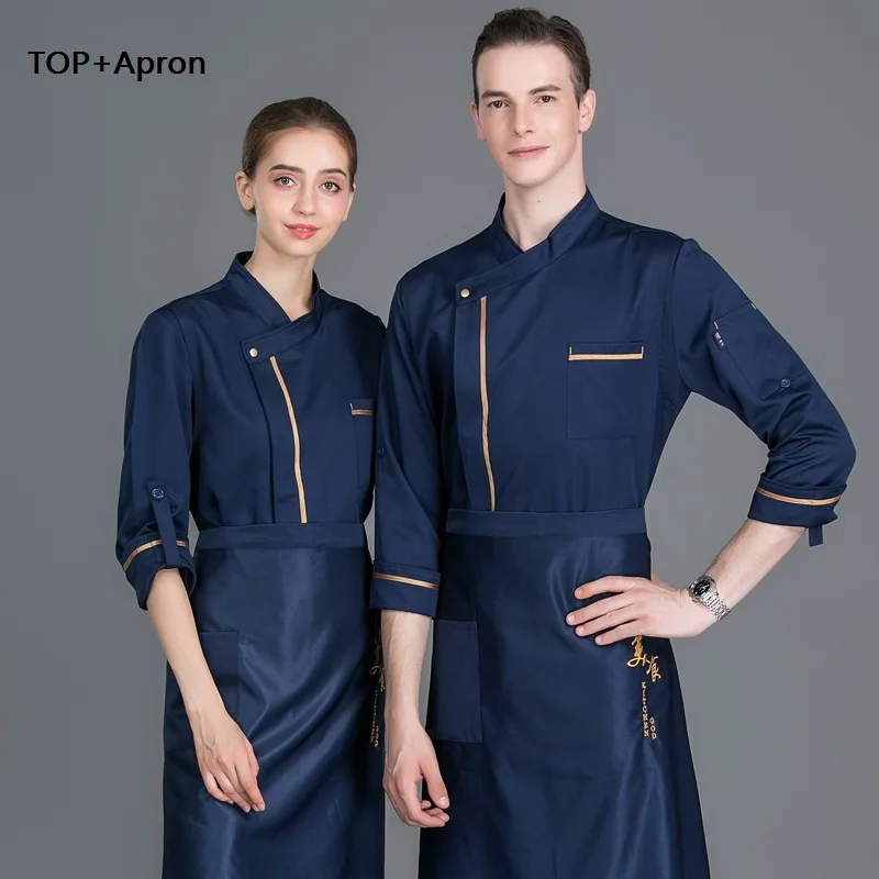 

Wholesale Unisex Cook Wear Chef Jacket Kitchen Chef Uniform Sets Bakery Food Service Long Sleeve Breathable Chef Tops BLACK BLUE