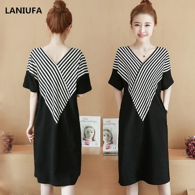 Платье с коротким рукавом женское повседневное Пляжное до колена в полоску