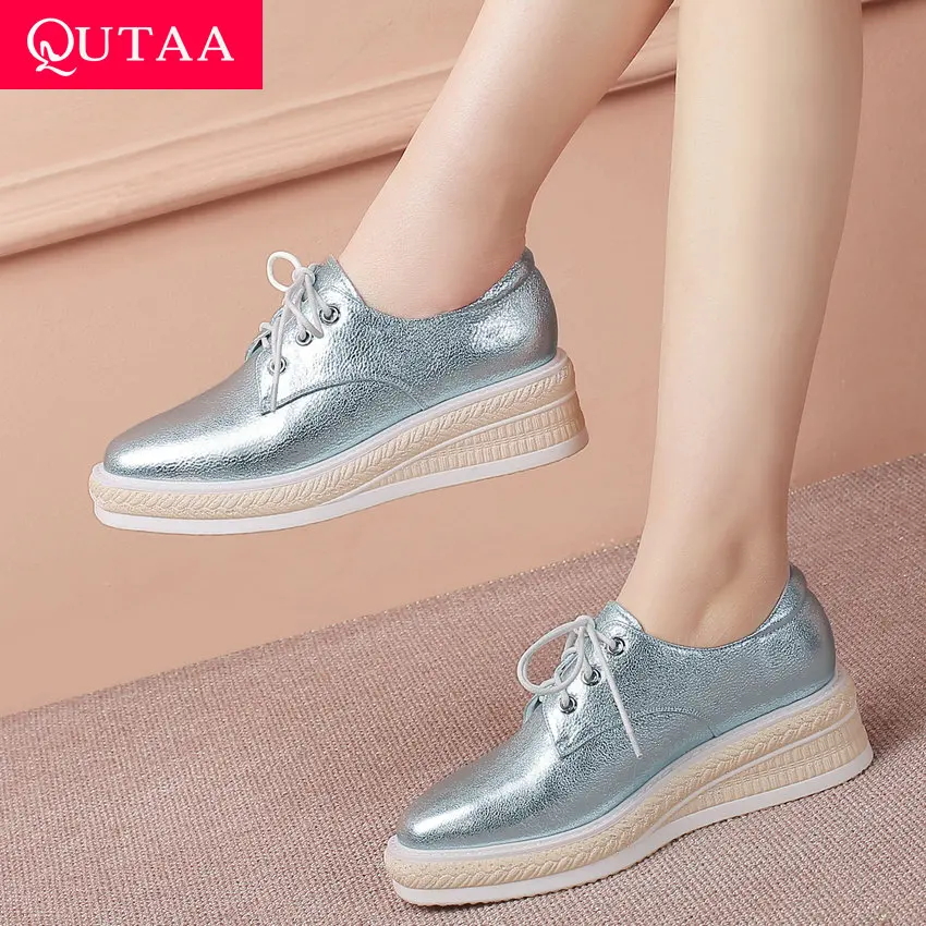 QUTAA/ женские туфли-лодочки из овечьей кожи и искусственной кожи Универсальные женские туфли на танкетке и платформе с круглым носком на шнуровке женские туфли-лодочки размеры 34-42