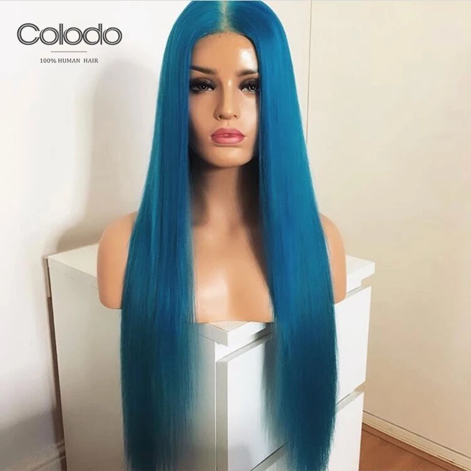 COLODO Straight Lace Front Wig With Baby Hair Blue Color Remy Brazilian Preplucked Full Lace Human Hair Wigs For Black Women
