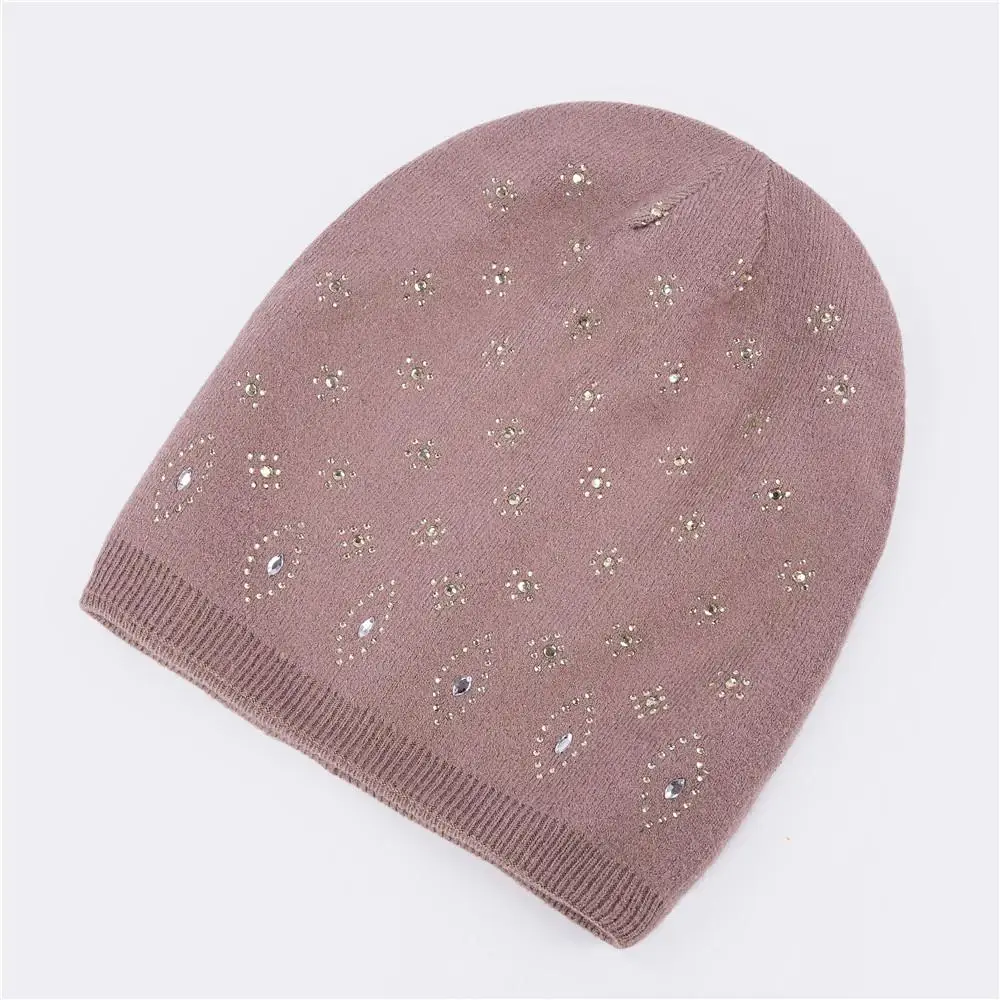 Khaki COKK шерстяные зимние шапки бини для женщин Skullies Beanies Hat для женщин Стразы цветок вязаная шапка для девочек чулок шапка женский чепчик - Цвет: Khaki