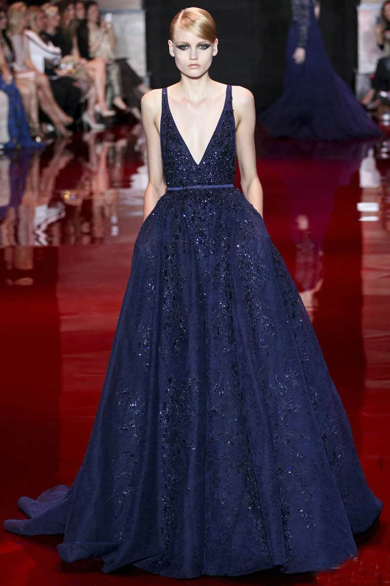 Elie_Saab темно-синие вечерние платья Глубокий v-образный вырез длина до пола Часовня