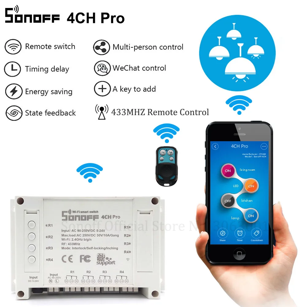 Sonoff 4CH Pro умный дом RF Wifi светильник переключатель 4 банды 3 режима работы инчинг Блокировка самоблокирующийся Wifi переключатель работа с Alexa