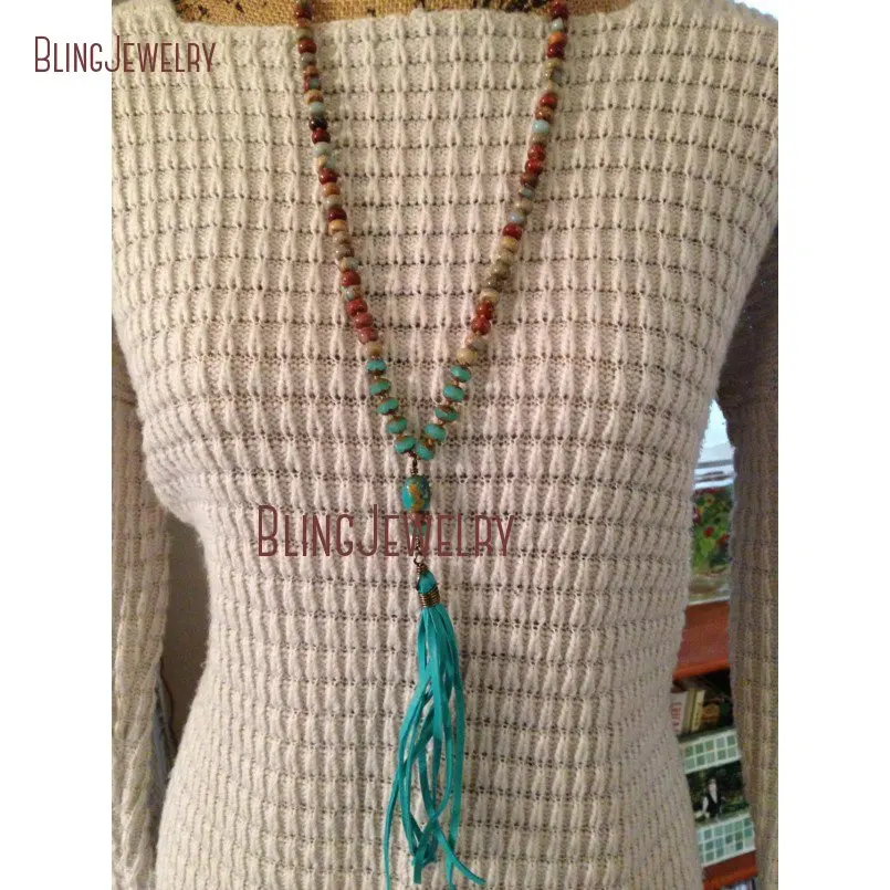 

Knot Sediment Stone Beads Necklace Mint Tassel NM21473