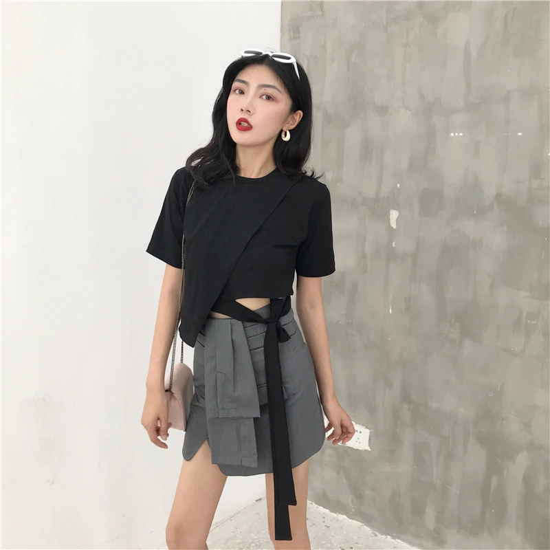 Korobov/корейские летние новые необычные футболки с короткими рукавами и круглым